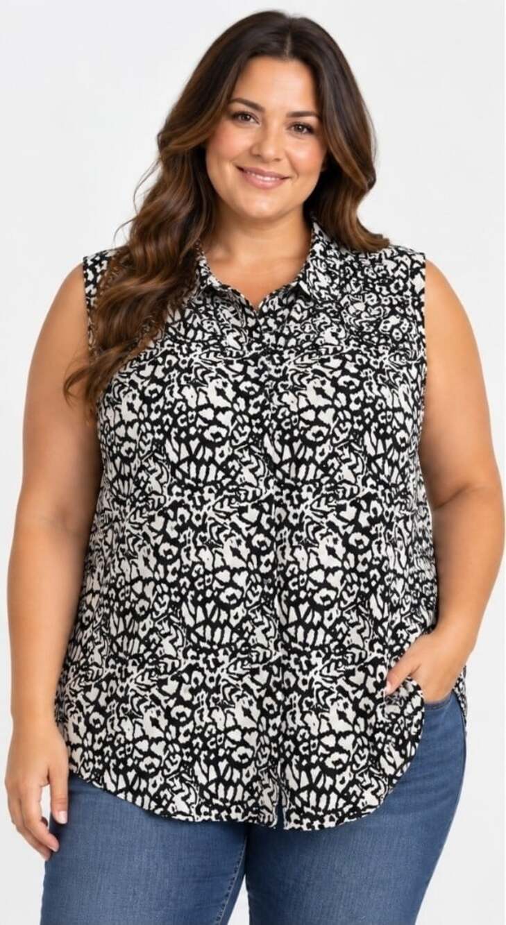 Roaman’s Women’s 40W Black White Abstract Sleeveless Button Up Blouse T100 New